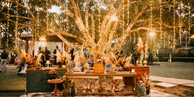 Beautiful lighting on a grand tree and rustic decor for an outdoor wedding on a farm