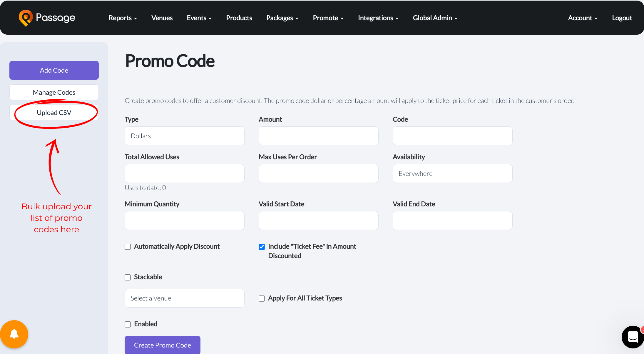 Bulk upload your list of promo codes here