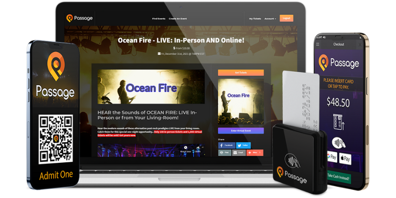 All-in-One Mockup of Passage Online Ticketing Platform Showing Event Page on Laptop, QR Code Ticket on Mobile Phone, Credit Card and Chip Reader, and App Sales on Mobile Phone