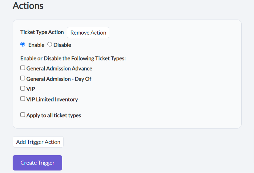Screenshot of the Ticket Trigger setup on your Passage admin dashboard