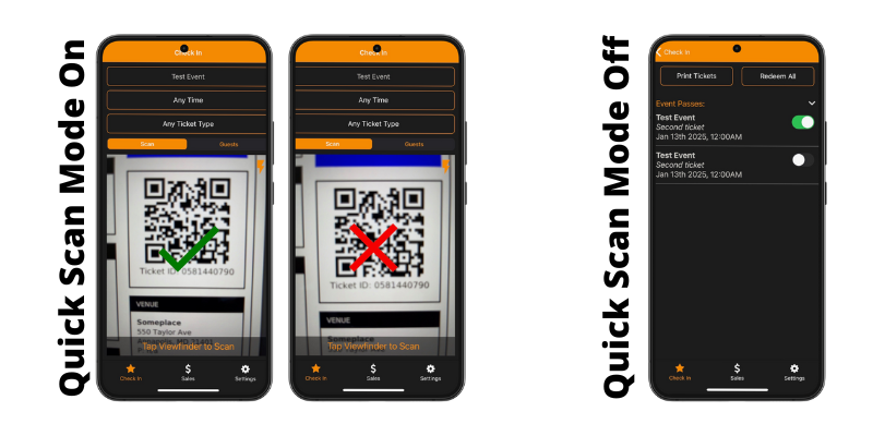 Mockup of three mobile devices displaying QR code ticket scanning with Quick Scan mode turned on and off