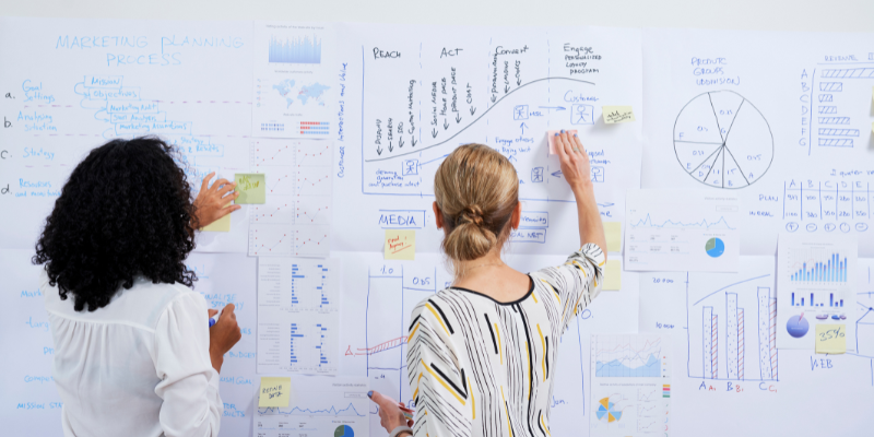 Rear view of female business executives reviewing data on a white board and sticking sticky notes onto it