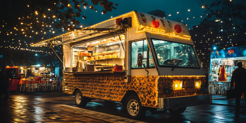 Food truck decked out with fairy lights at night parked at festival