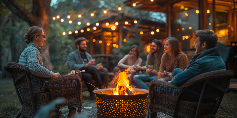 Groups of friends sitting around a fire pit enjoying each others company