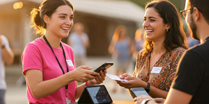 Happy young event volunteer scanning guest tickets with a mobile phone at an outdoor networking event