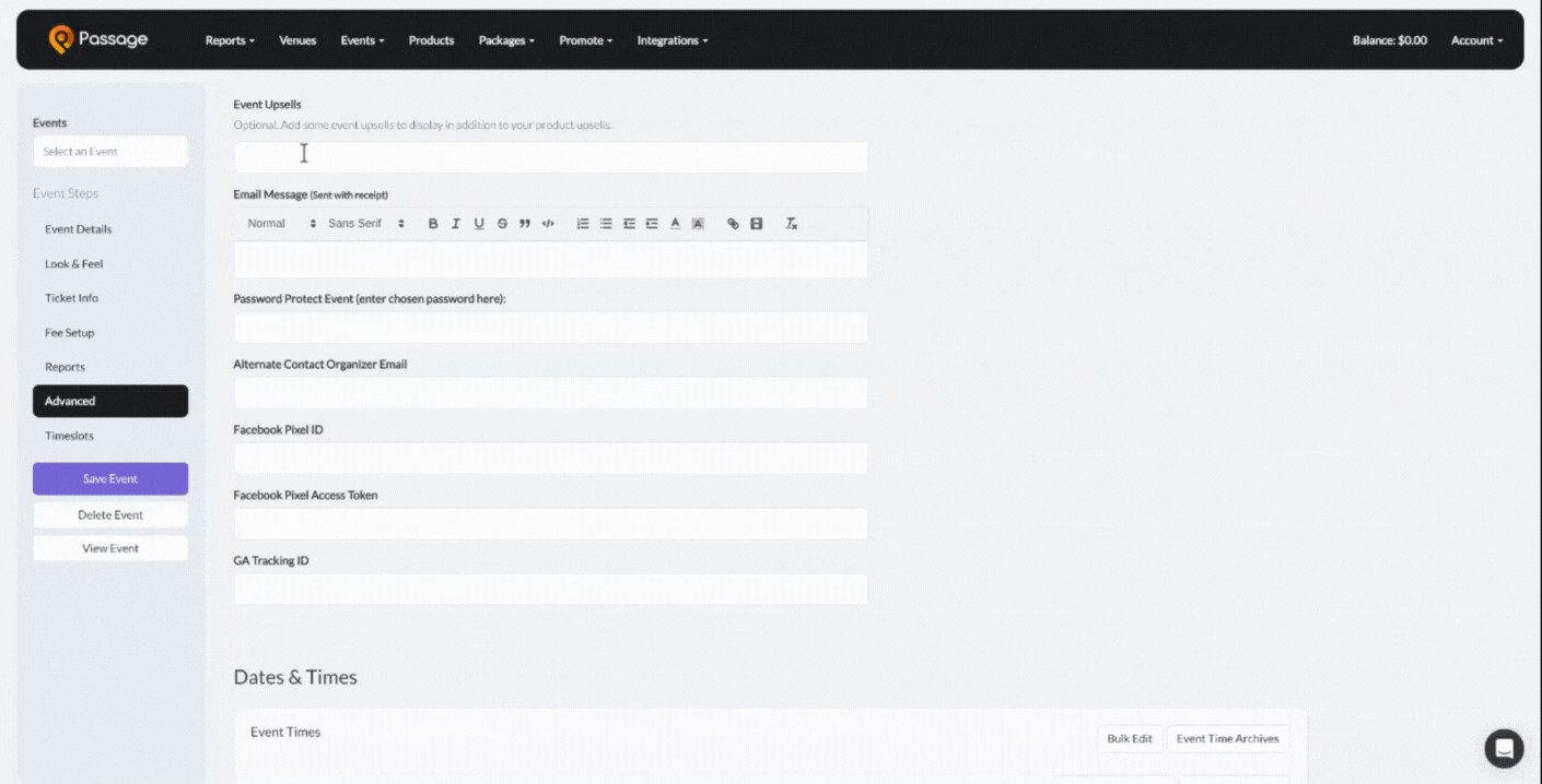 Event Upsells Screenshot