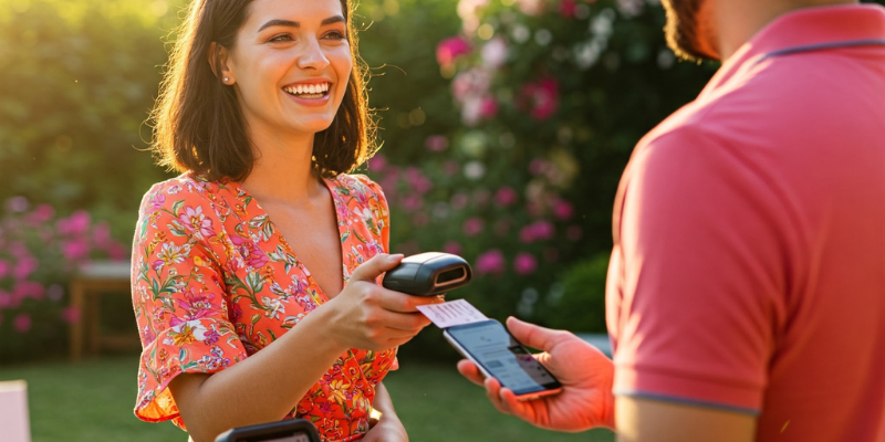 Beautiful smiling woman in a floral top scanning a ticket on a mobile device