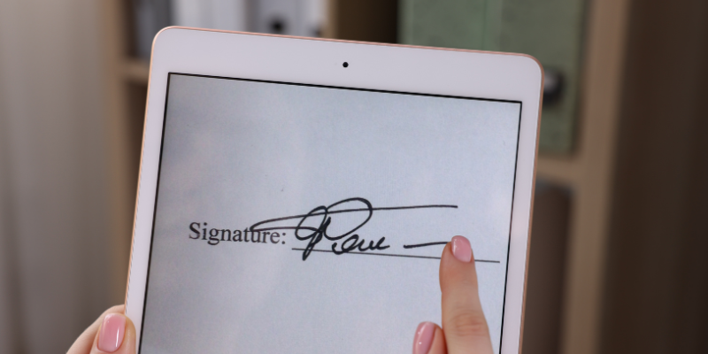 Close-up of a tablet screen with an e-signature screen and hands with pink-painted fingernails signing