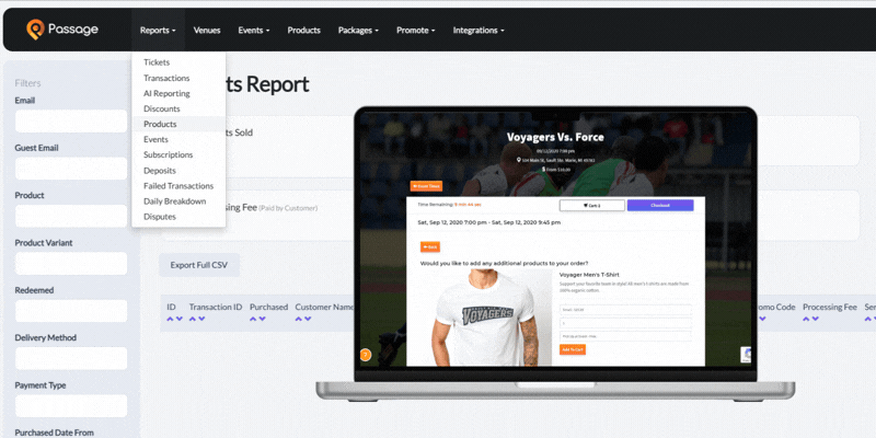 Passage Products Report showing product sales and upsell transactions
