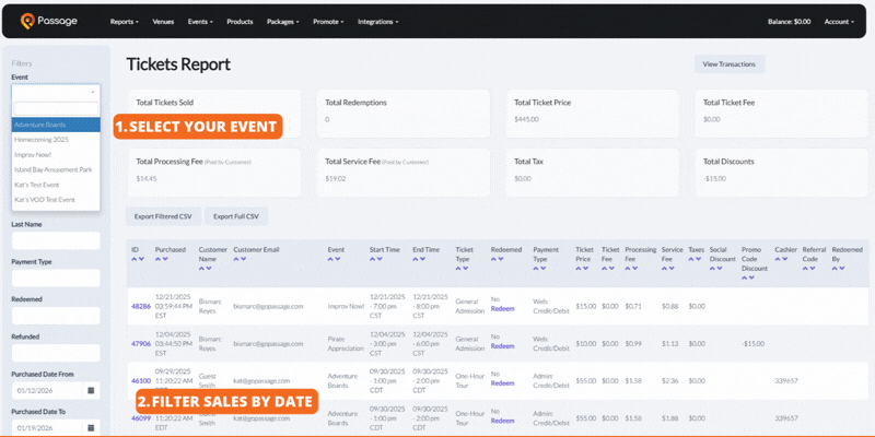 Passage admin dashboard showing tickets report and date comparison