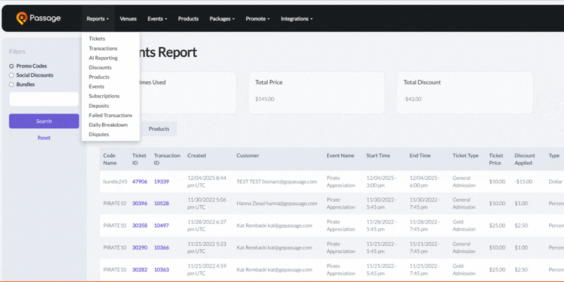 Passage Discounts Report showing promo code usage
