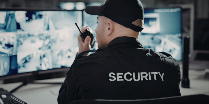 Security guard in black uniform talking on a walkie while watching security footage on ccomputer
