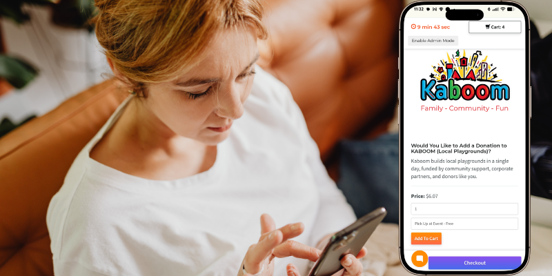 Woman using her phone, in the foreground is a mockup of a donation upsell in the Passage checkout flow