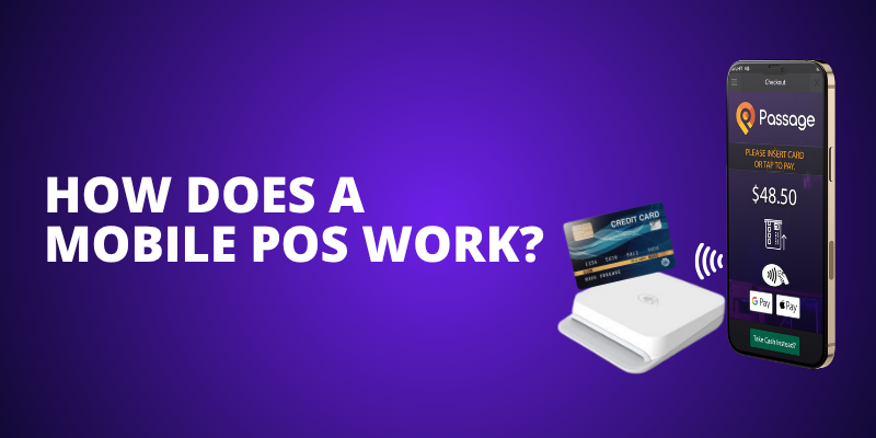 How Does a Mobile POS Work Mockup of mobile phone displaying Passage Mobile payment next to Bluetooth card reader and credit card