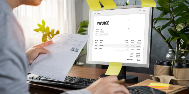 Person at a computer with screen displaying a digital invoice for spring marketing campaign