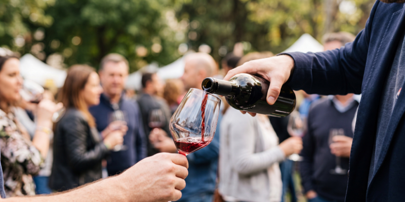 Close-up show of one person pouring wine from a bottle into another persons glass, with festival-goers in fall jackets in the background