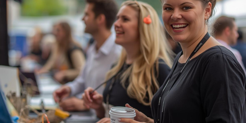 Happy event organizers looking into the camera and smiling while working at her event