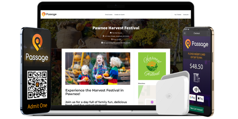 Mockup of Passage event page on a laptop screen flanked by mobile devices displaying digital ticket and in-person sales app