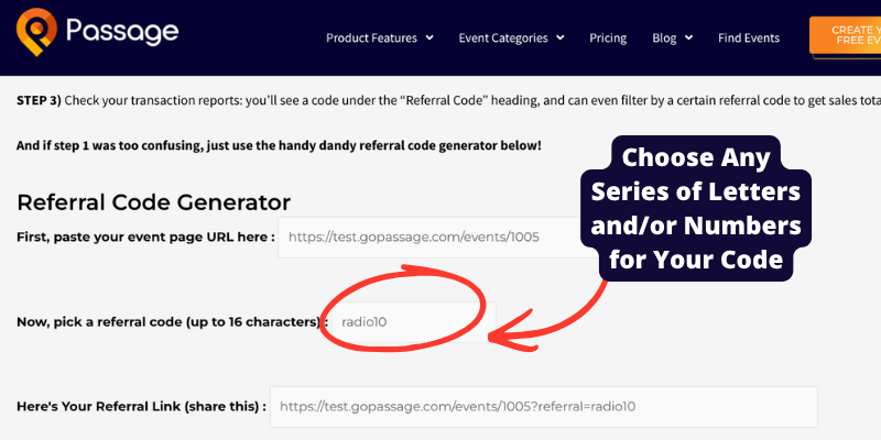 Screenshot of Passage platform_ choose any series of letters and_or numbers for your referral code