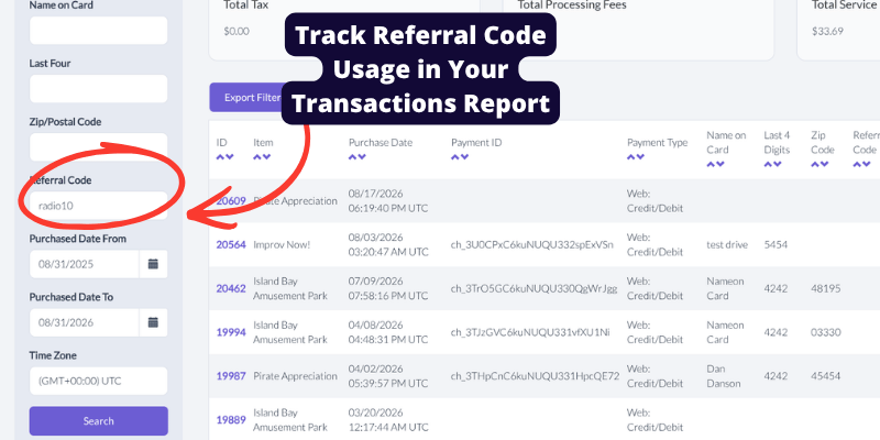 Screenshot of Passage platform_ track Referral Code usage in your transactions report