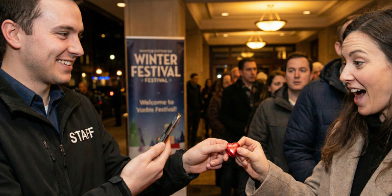A member of event staff holds a mobile phone for scanning tickets while handing a guest a chocolate heart as she enters the winter festival