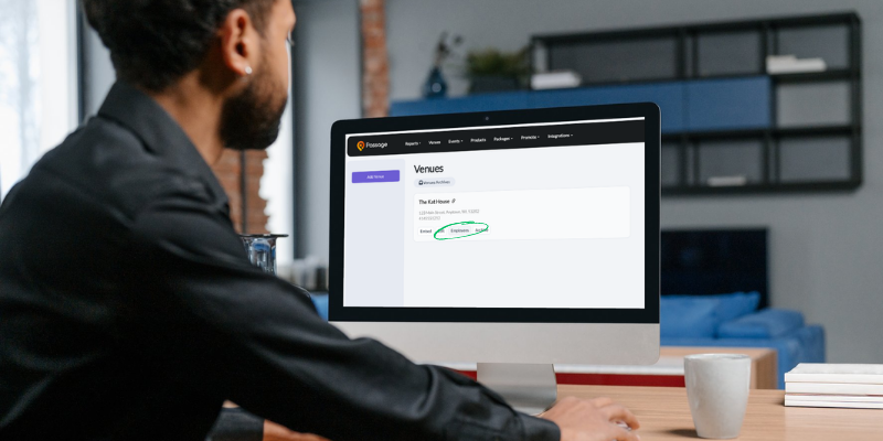 Mockup on a desktop computer of Passage admin dashboard with venue menu