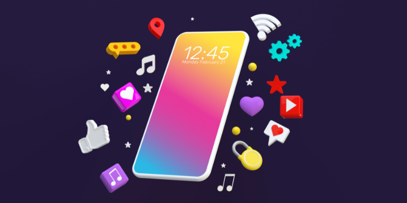 Phone screen graphic with multiple items surrounding it.