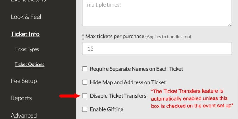 Ticket Transfers event setup screenshot 