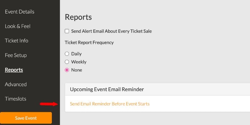 Upcoming Event Email Reminder event setup screenshot