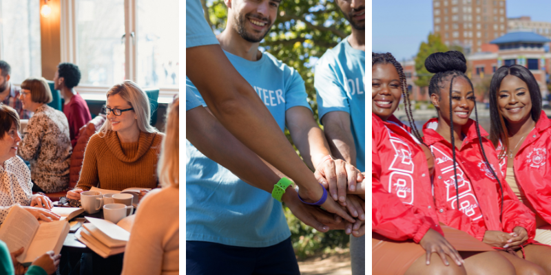 Collage of three images: women drinking coffee and socializing at a cafe; group of volunteers putting hands together; three sorority sisters in matching red jackets