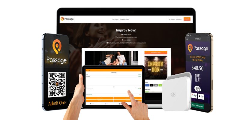 Mockup of the Passage Manager app on a tablet with mobile devices, card reader, and laptop
