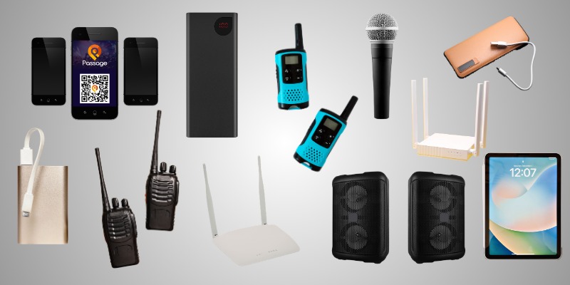 Mockup of several essential event technology items against a gray background