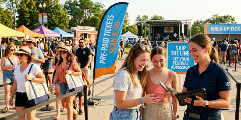 Outdoor scene with with guests entering a summer festival, event staff holding a tablet in one hand and scanning a guest ticket with mobile device in the other 