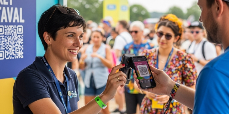 Happy volunteer in a polo shirt using her mobile phone to scan the QR code on the mobile device of a guest entering the festival