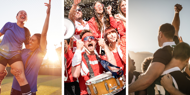 Collage of three images: women lifting soccer teammate in celebration, sports fans playing instruments and confetti, mens soccer team lifting teammate in celebration